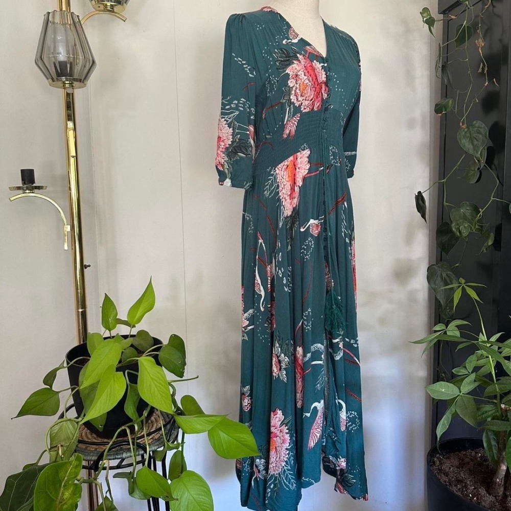 Jaase Teal Flamingo Floral Maxi Dress Boho V-Neck Button Front Tassels Large